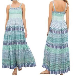 Tuckernuck Oliphant Strappy Maxi Dress Astrid Size XXS White Blue Embroidered